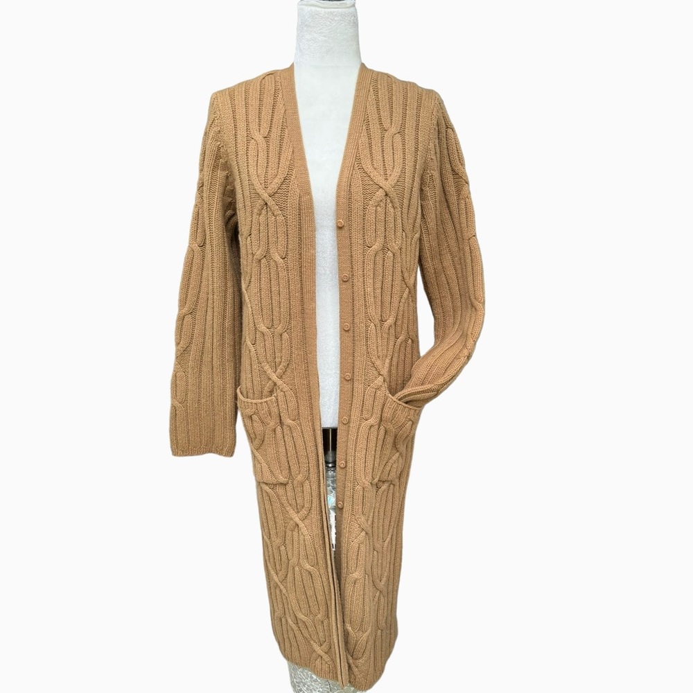 Jillian Jones Duster Long Cardigan Lambswool Tan Cable Knit